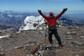 45 Dangles And Jerome Ryan With The Aconcagua Summit 6962m Cross And Aconcagua South Summit Behind